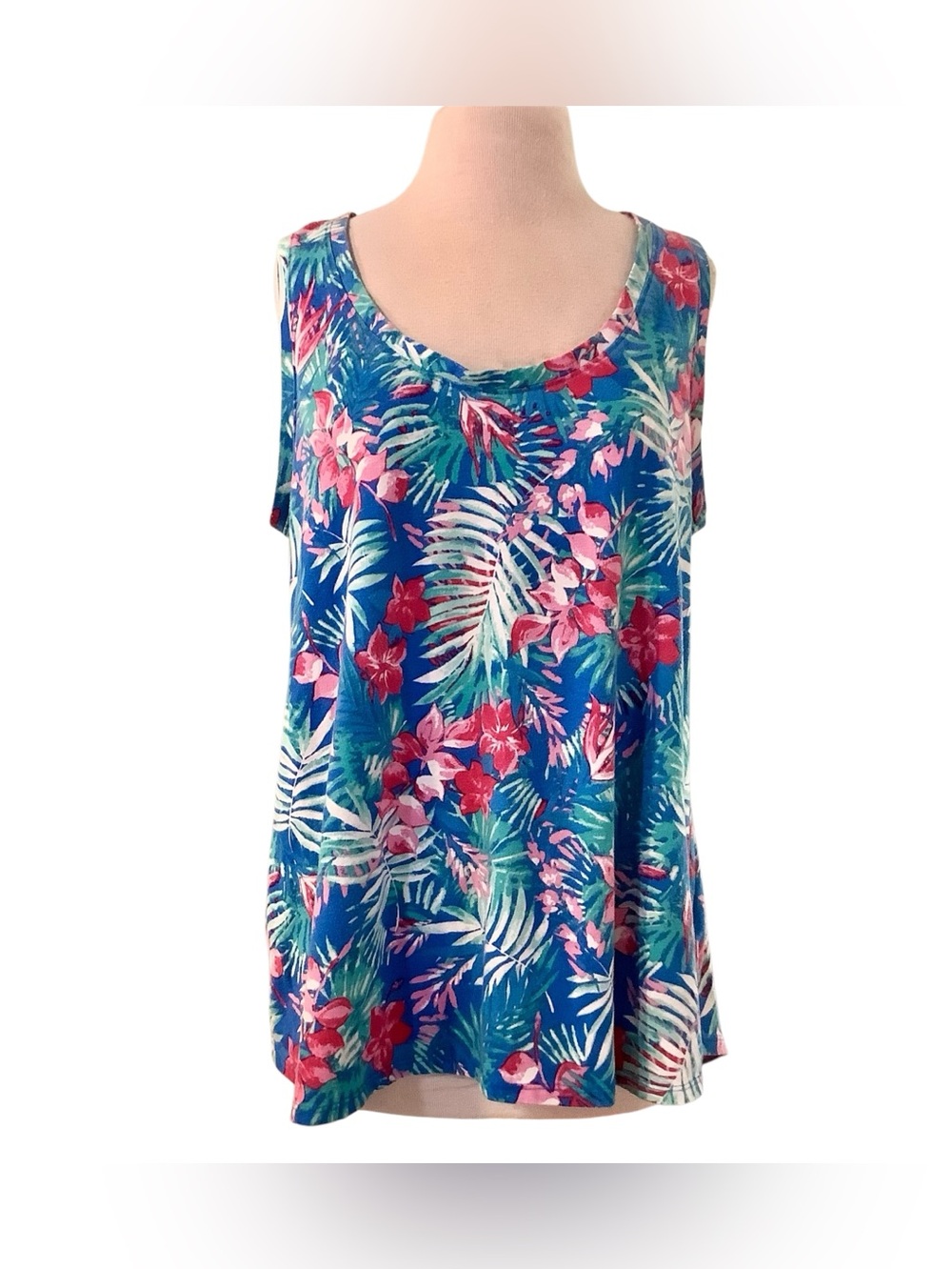 Woman Within Blue Tropical Print Sleeveless Tank Top